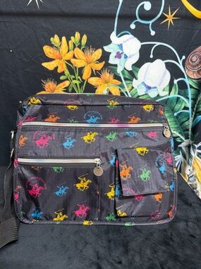 Beverly Hills Polo Club Brown Crossbody Bag with Multicolor Polo Player Print
